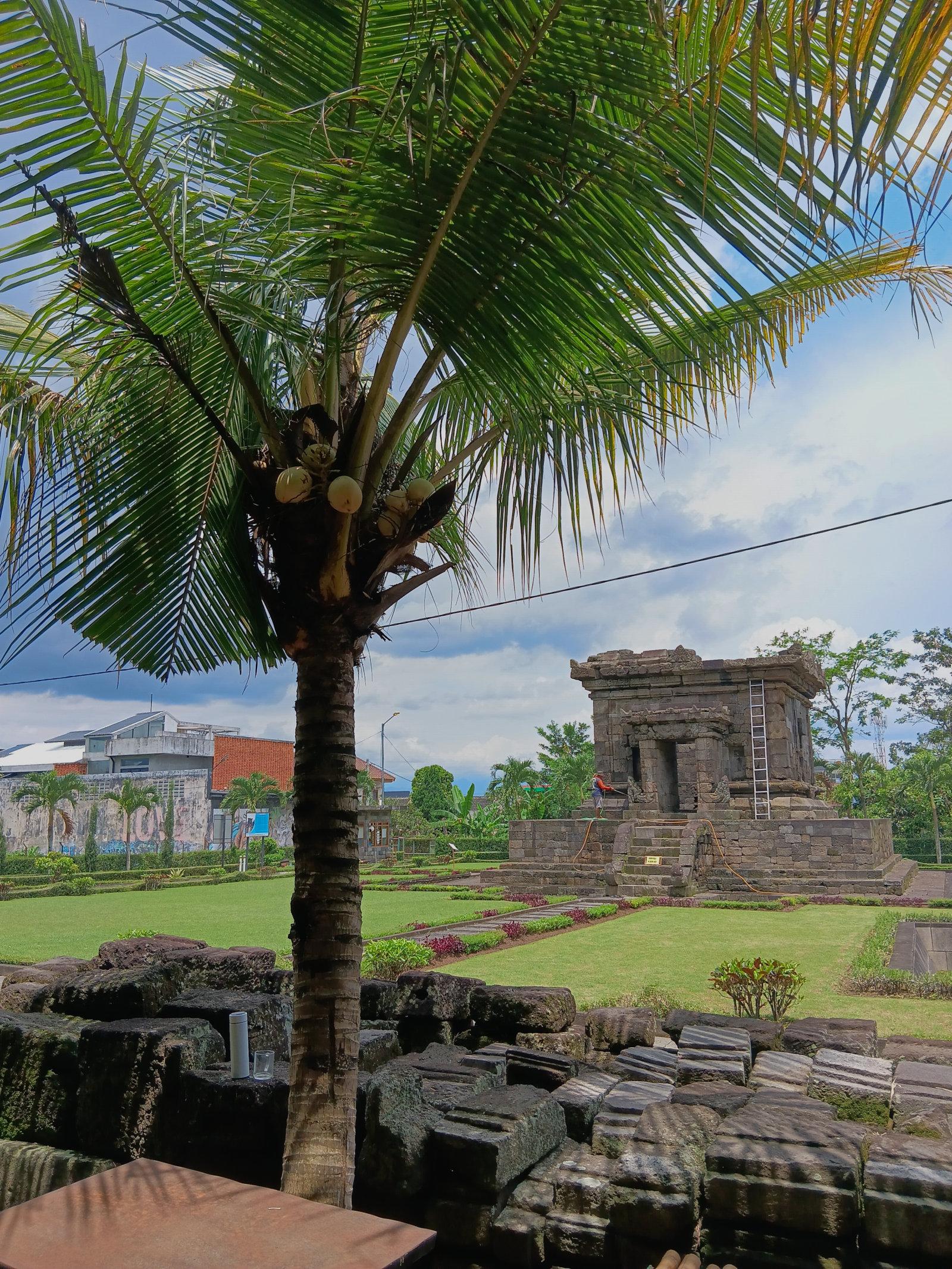 Looking at the complex from the perimeters. In the foreground a coconut tree and a pile of stones - said to be what remains of another building - can be seen. In the far right the temple's main building can be seen, while to the left are (modern) residential houses.

Supposedly this place was built around 8th century.
