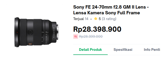 SEL2470GM2 lens listing, discounted from Rp 28.399.000 to Rp 28.398.900